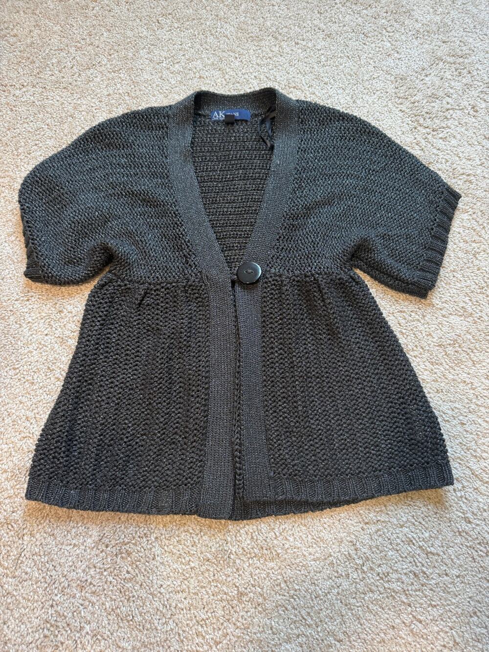 Anne Klein Charcoal Gray Open Knit Short Sleeve Cardigan Medium Babydoll Button